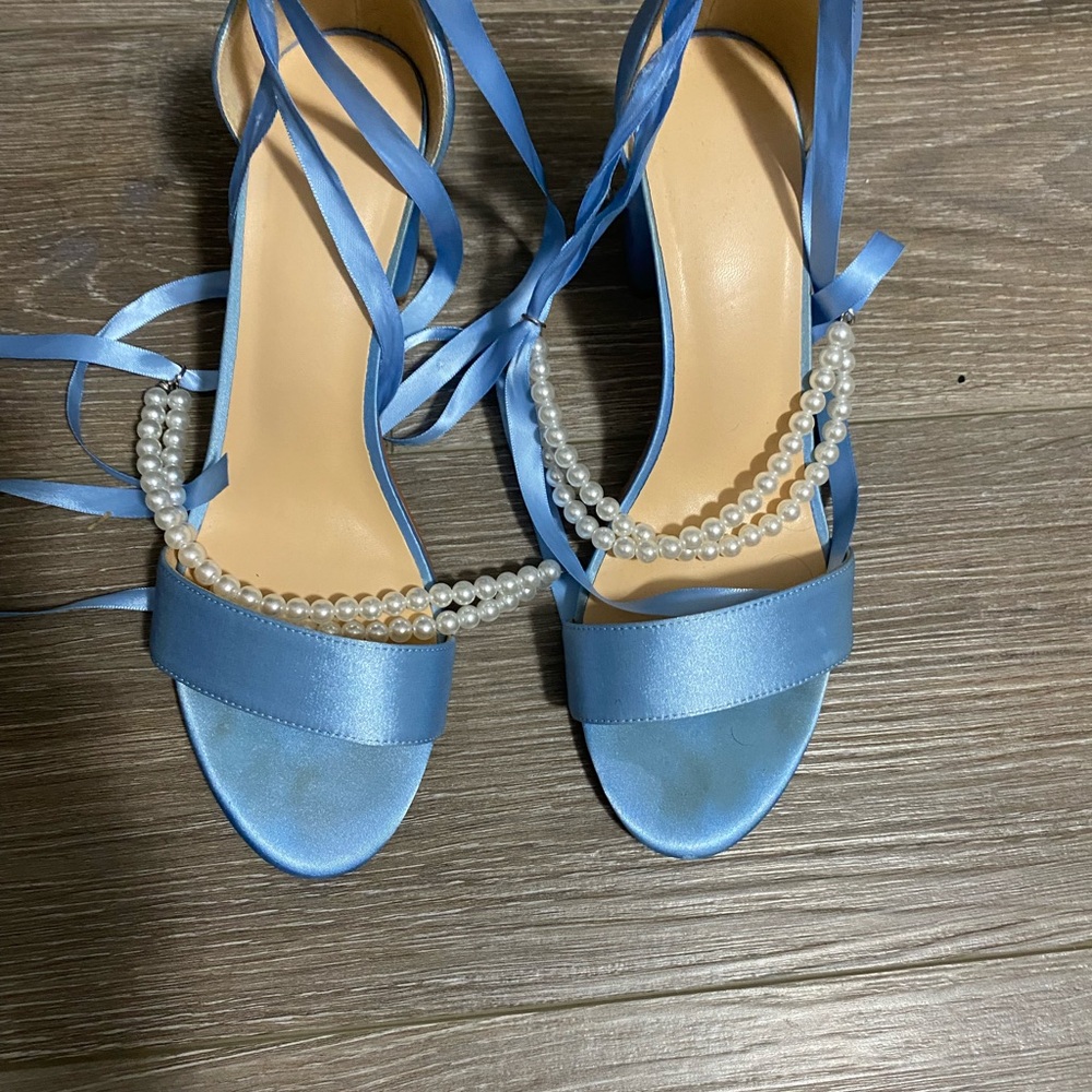 Blue Satin Pearl-Accent Womens Sandals
